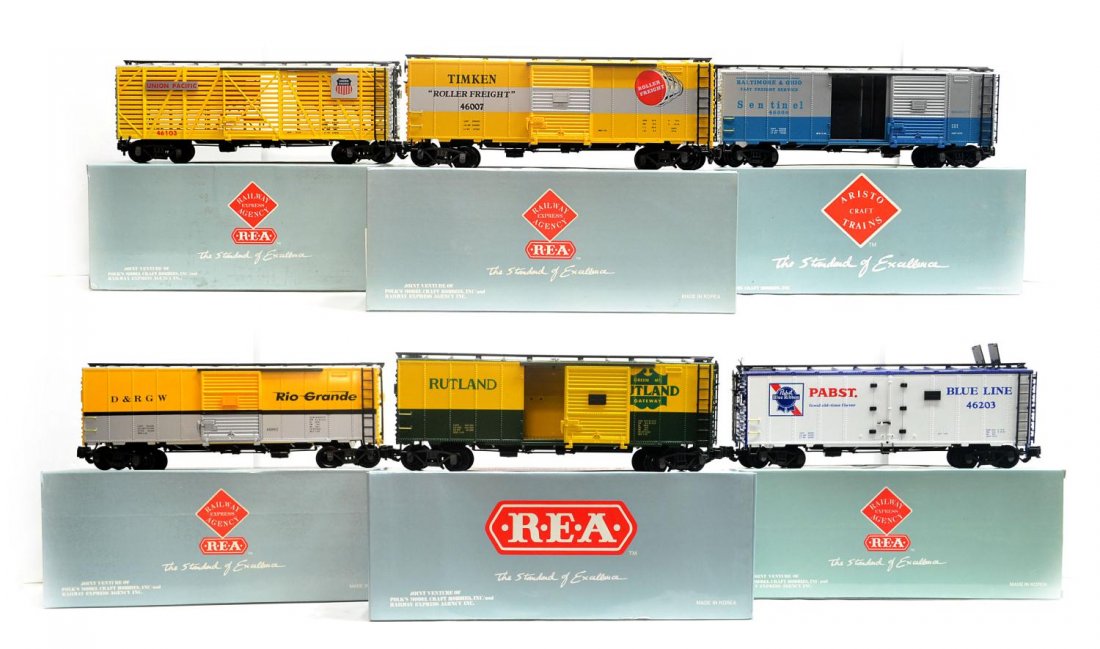 (6) REA VARIOUS MODEL TRAIN CARS, ORIGINAL BOXES: (lot of 6) Railway Express Agency Aristo Craft model train cars in original boxes: (1) 46002, box car / stock car; (1) 46001, box car; (1) 46203, Pabst refrigerator car; (1) 46103, box car / stock car