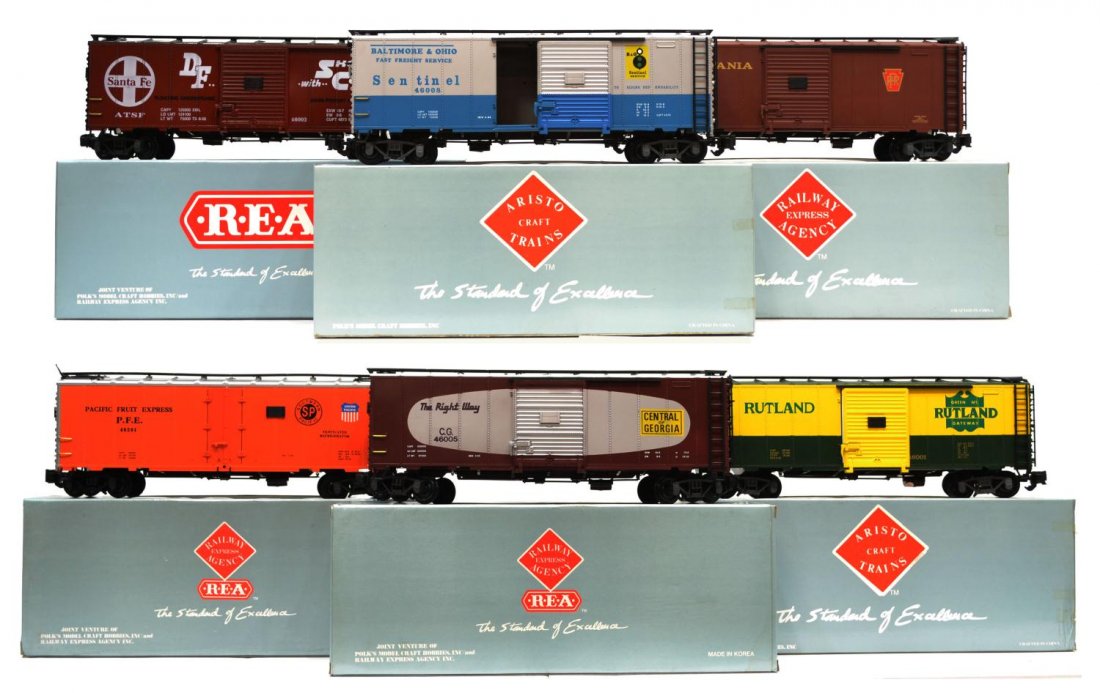 (6) REA VARIOUS MODEL TRAIN CARS, ORIGINAL BOXES: (lot of 6) Railway Express Agency Aristo Craft model train cars in original boxes: (1) 46001, box car; (1) 46008, box car; (1) 46003, box car; (1) 46004, box car; (1) 46201, refrigerator car; (1) 4600