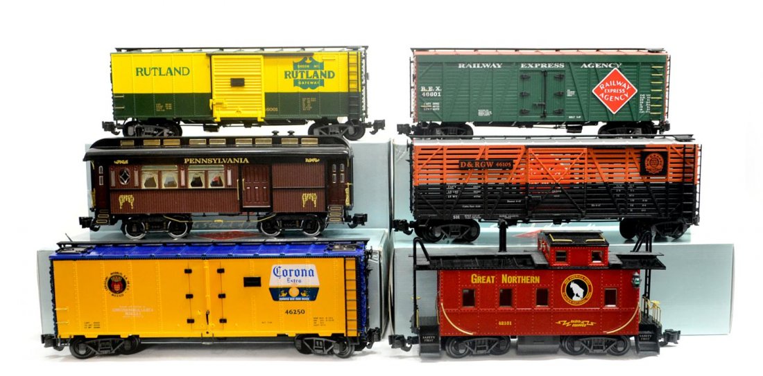 (6) REA VARIOUS MODEL TRAIN CARS, ORIGINAL BOXES: (lot of 6) Railway Express Agency Aristo Craft model train cars in original boxes: (1) 46001, box car; (1) 46105, stock car; (1) 46250, Corona beer, refrigerator car; (1) 31101, Pennsylvania combine c