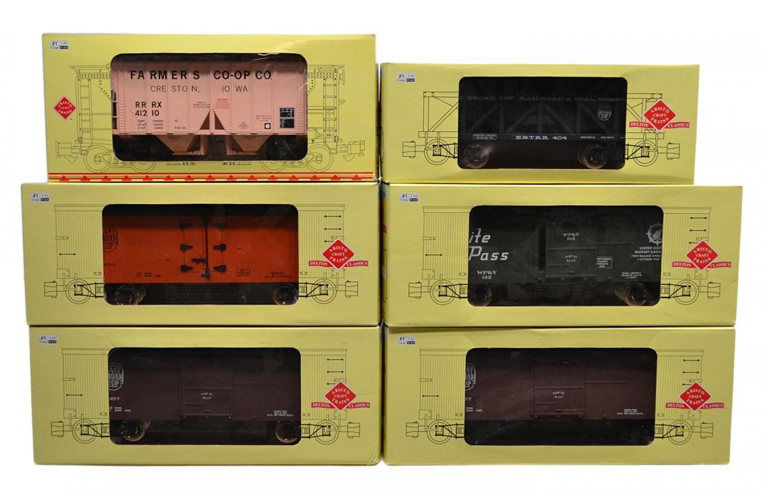 (6) ARISTO CRAFT DELTON CLASSIC TRAIN CARS, BOXES: (lot of 6) Aristo Craft Delton Classics train cars in original boxes: (1) ART-86004, wood box car; (1) ART-41210, two bay covered hopper car; (1) ART-81404, coal hopper car; (1) ART-86004, wood box ca