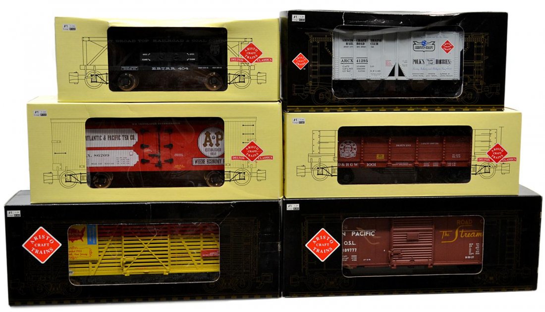 (6) ARISTO CRAFT & DELTON MODEL TRAIN CARS, BOXES: (lot of 6) Aristo Craft train cars in original boxes; (1) ART-84104 Delton Classic coal hopper car; (1) ART-86209, Delton Classic wood reefer car; (1) ART-81001, Delton Classic, wood gondola car; (1) 