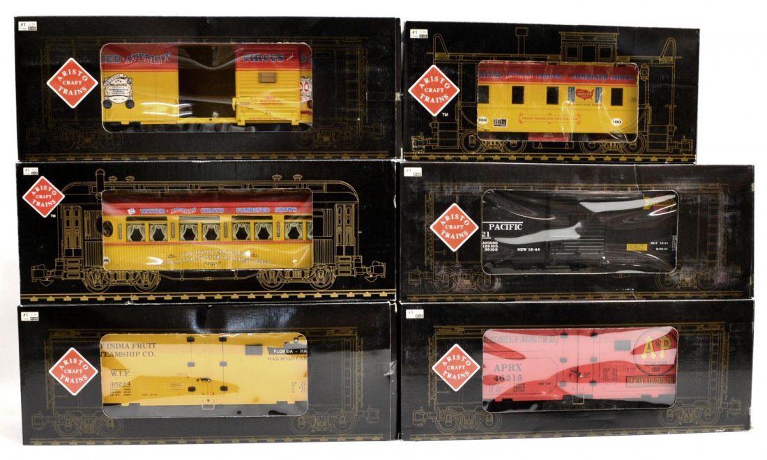 (6) ARISTO CRAFT VARIOUS MODEL TRAIN CARS, BOXES: (lot of 6) Aristo Craft train cars in original boxes: (1) ART-42127, circus caboose; (1) ART-46030, circus box car; (1) ART-31026, passenger car; (1) ART-46021, box car; (1) ART-46215, reefer car; (1)