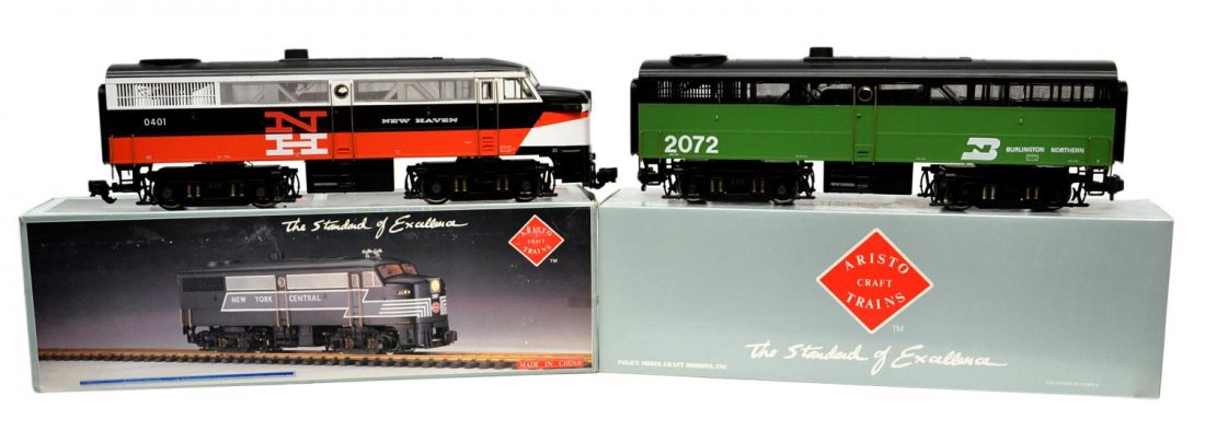 (2) ARISTO MODEL TRAIN DIESEL LOCOMOTIVES, BOXES: (lot of 2) Aristo Craft model train locomotives in original boxes: (1) ART-22072, Burlington Northern, Diesel Alco FB-1; (1) ART-22018, New Haven, Diesel Alco FA-1; largest box:7.75"h, 6"w, 24"l, tota
