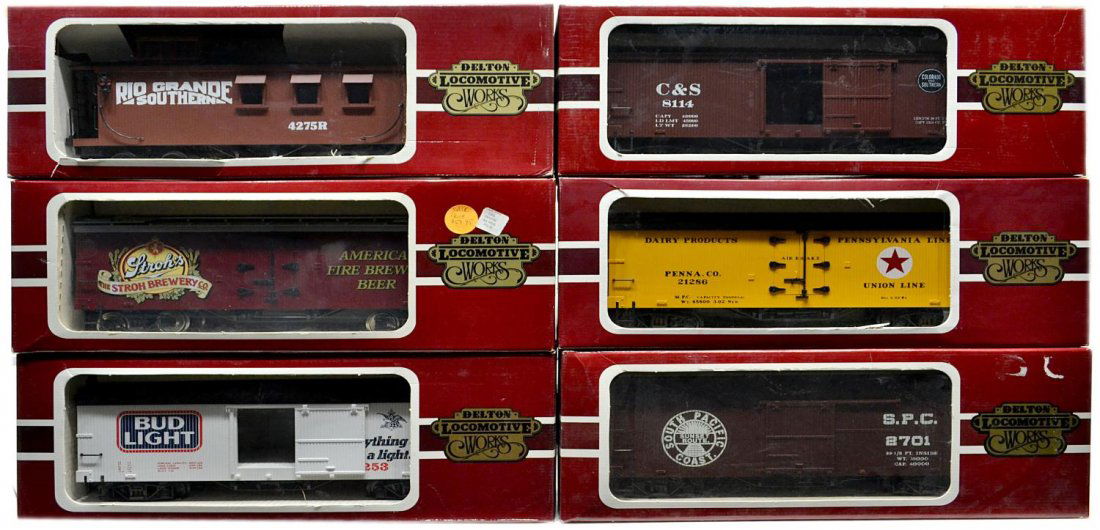 (6) DELTON LINES VARIOUS MODEL TRAIN CARS, BOXES: (lot of 6) Delton Locomotive Works model train cars in original boxes: (1) 4275R, Rio Grande & Southern, Long Caboose; (1) 4258U, Union Line Dairy Products, Yellow, Reefer car; (1) 4255A6, Bud Light B