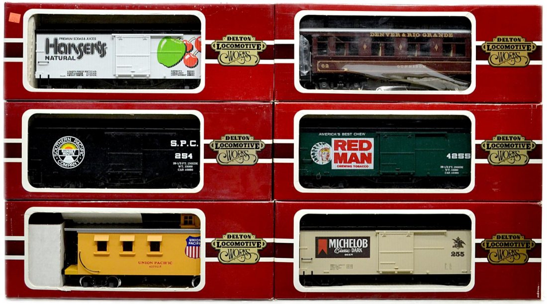 (6) DELTON LINES VARIOUS MODEL TRAIN CARS, BOXES: (lot of 6) Delton Locomotive Works model train cars in original boxes: (1) 4255A5, Michelob Box Car, tan/brown roof; (1) Hansen's Natural Sodas & Juices car; (1) 3280-Special, D&RG Coach - Long, mahog