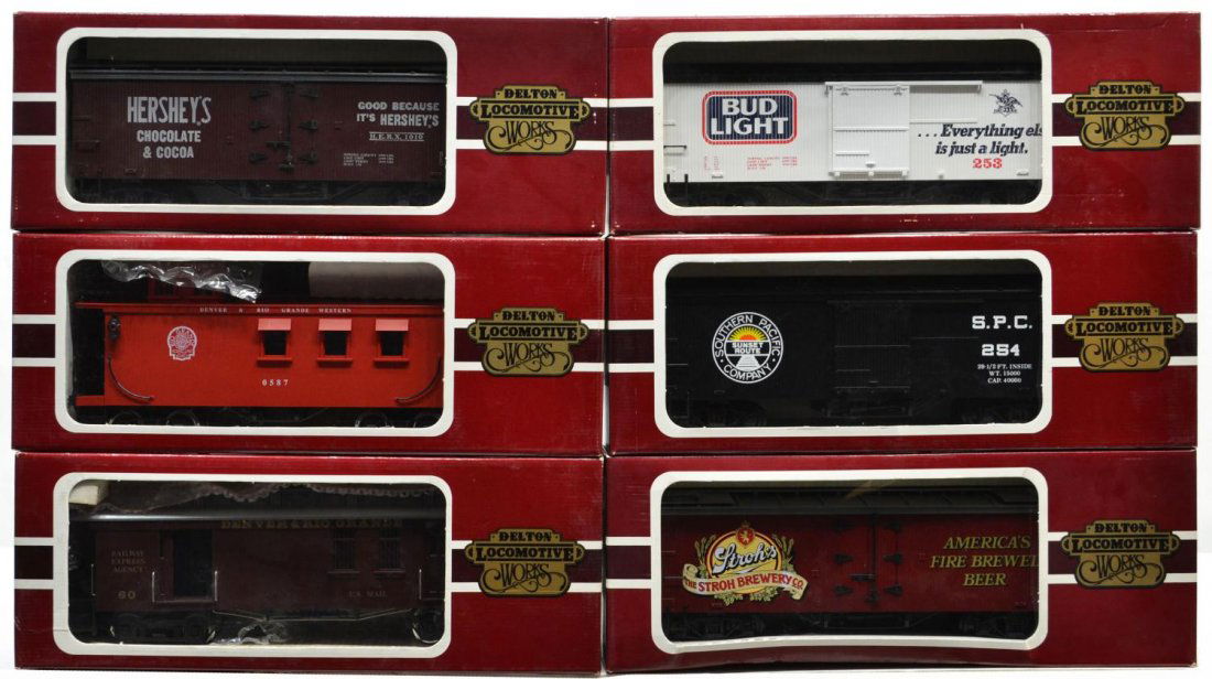 (6) DELTON LINES VARIOUS MODEL TRAIN CARS, BOXES: (lot of 6) Delton Locomotive Works model train cars in original boxes: (1) 4275, D&RG Long Caboose, red; (1) 4258H, Hershey's, Refer Car; (1) 4255A6, Bud Light Box Car, white/black roof; (1) 4258, Str