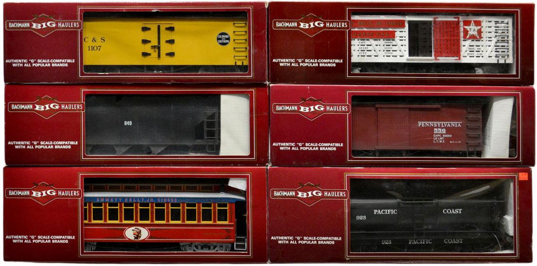 (6) BACHMANN BIG HAULERS MODEL TRAIN CARS, BOXES: (lot of 6) The Original Bachmann Big Haulers, G scale, in original boxes: (1) 93426, tank car, Pacific Coast; (1) 97271, Performers car #1, coach; (1) 93314, wood box car with sliding door; (1) 93224,