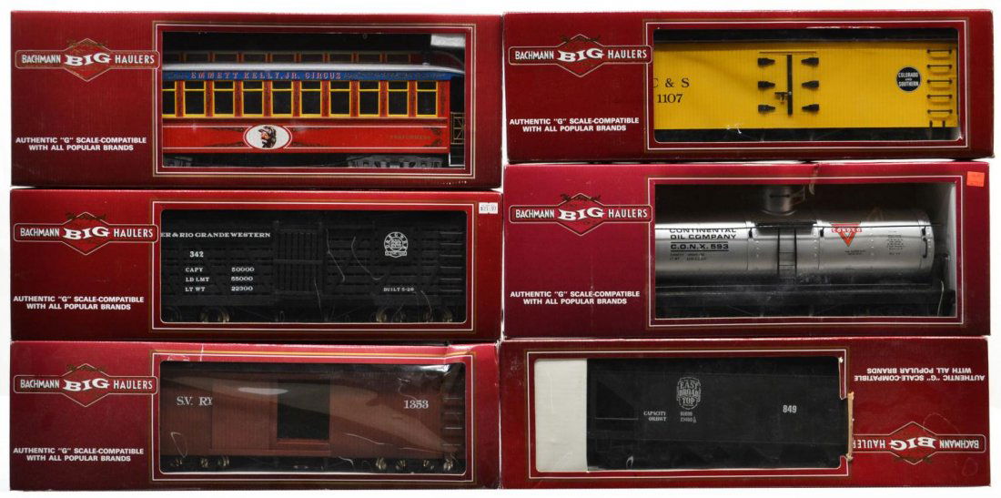 (6) BACHMANN BIG HAULERS MODEL TRAIN CARS, BOXES: (lot of 6) The Original Bachmann Big Haulers, G scale, in original boxes: (1) 97371, Performers Car #2, Observation; (1) 93446, Single Dome tank car, Conco silver and red; (1) 93323, box car, Sumpter