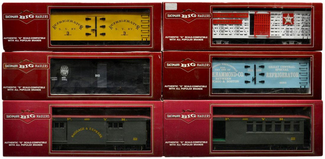 (6) BACHMANN BIG HAULERS MODEL TRAIN CARS, BOXES: (lot of 6) The Original Bachmann Big Haulers, G scale, in original boxes: (1) 93205, reefer, Great Central Fast Freight Line; (1) 93223, reefer, Sumpter Valley; (1) 97419, full baggage, WP&Y; (1) 9817