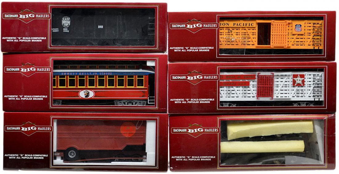 (6) BACHMANN BIG HAULERS MODEL TRAIN CARS, BOXES: (lot of 6) The Original Bachmann Big Haulers, G scale, in original boxes: (1) 98101, stock car, Union Pacific; () 98172, stock car with horse; (1) 97219, coach, White Pass & Yukon; (1) 97271, Performe