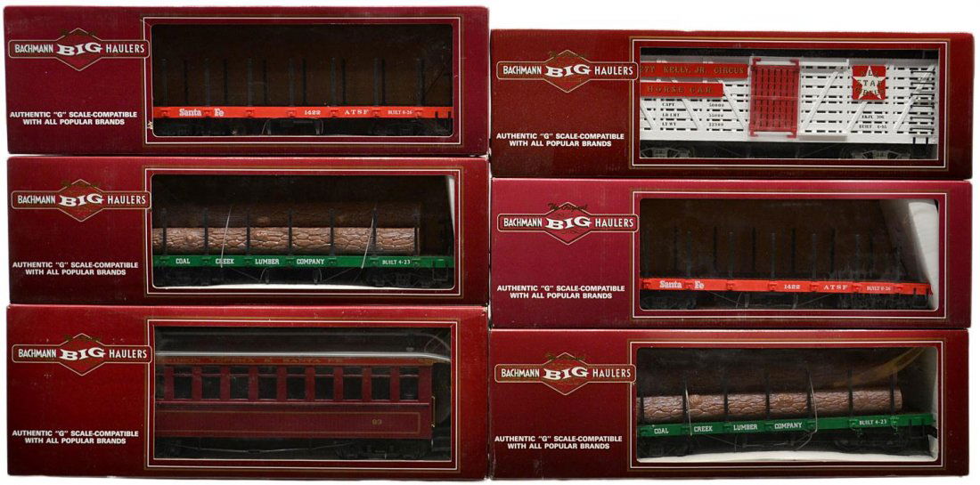 (6) BACHMANN BIG HAULERS MODEL TRAIN CARS, BOXES: (lot of 6) The Original Bachmann Big Haulers, G scale, in original boxes: (1) 98172, stock car with horse; (1) 93601, flat car, Santa Fe; (1) 97202, coach with light, Santa Fe; (2) 93641, flat car, Co