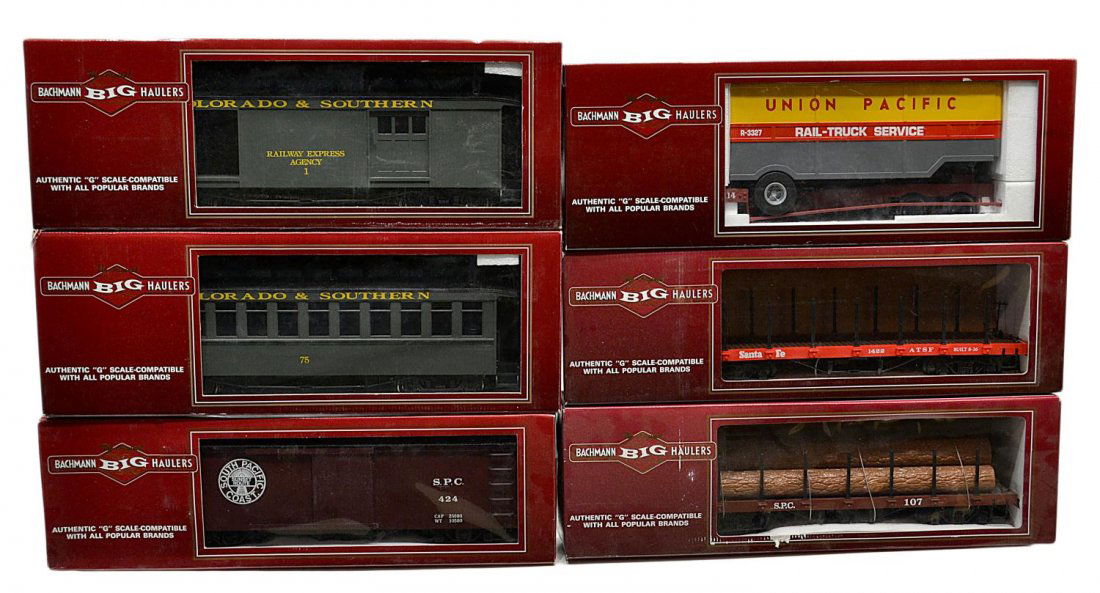 (6) BACHMANN BIG HAULERS MODEL TRAIN CARS, BOXES: (lot of 6) The Original Bachmann Big Haulers, G scale, in original boxes: (1) 97291, Jackson Sharp passenger car, coach, Colorado Southern; (1) 98301, flat car with closed trailer, Union Pacific; (1)