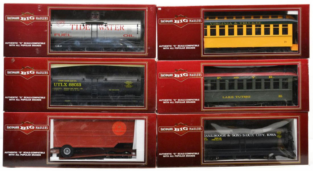 (6) BACHMANN BIG HAULERS MODEL TRAIN CARS, BOXES: (lot of 6) The Original Bachmann Big Haulers, G scale, in original boxes: (1) 97219, coach, WP&Y; (1) 97238, Jackson Sharp, passenger coach, Virginia & Truckee; (1) 93465, tank car, Union Tank Lines;