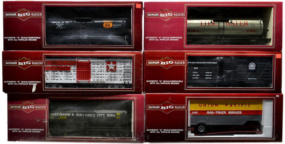 (6) BACHMANN BIG HAULERS MODEL TRAIN CARS: (lot of 6) The Original Bachmann Big Haulers, G scale, in original boxes: (1) 93469, tank car, J.S. Booge; (1) 98118, stock car, Denver & Rio Grande Western; (1) 98301, flat car with closed trailer, U