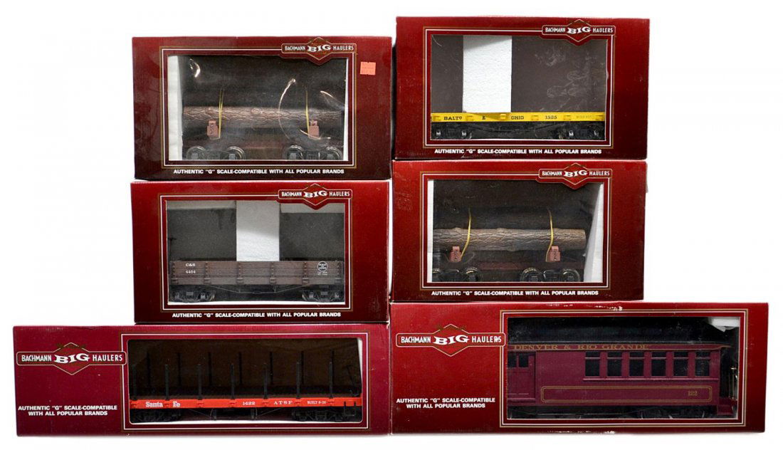 (6) BACHMANN BIG HAULERS MODEL TRAIN CARS, BOXES: (lot of 6) The Original Bachmann Big Haulers, G scale, in original boxes: (1) 95612, 20" flat car, B & O; (2) 98490, Skeleton log car with logs; (1) 95724, 20" gondola, Colorado & Southern; (1) 89092,
