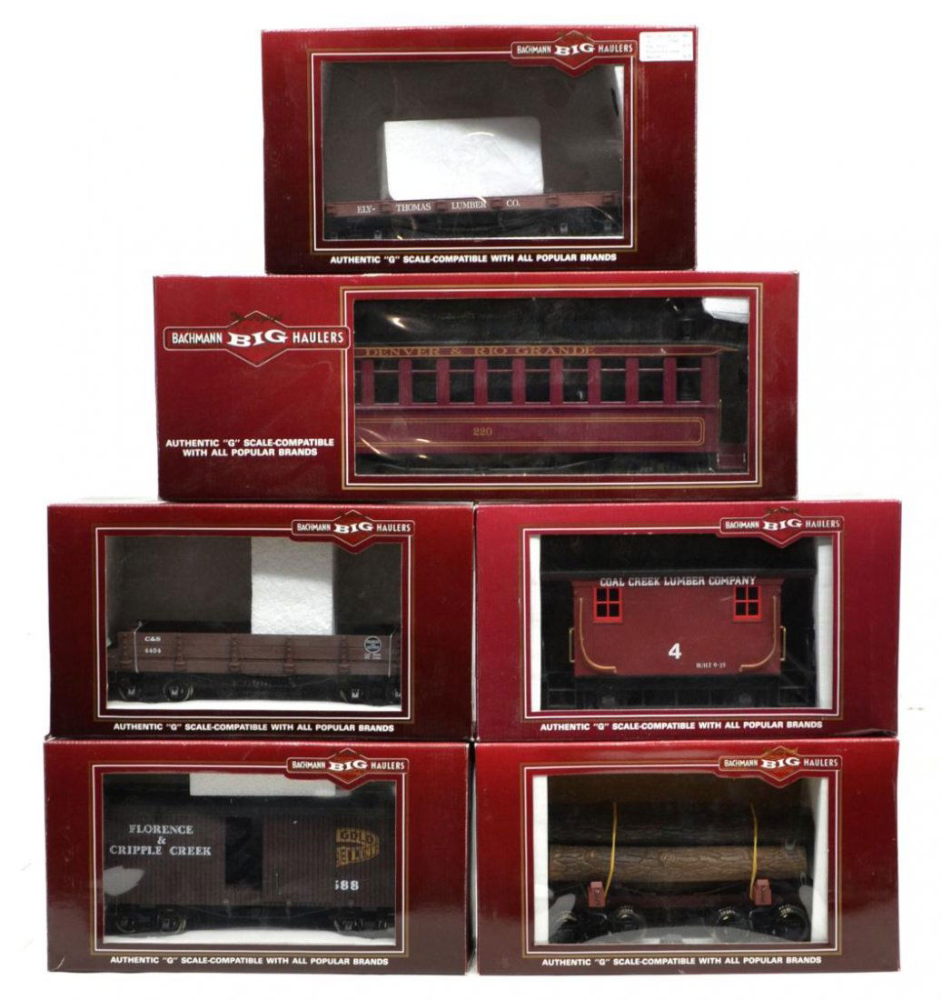 (6) BACHMANN BIG HAULERS MODEL TRAIN CARS, BOXES: (lot of 6) The Original Bachmann Big Haulers, G scale, in original boxes: (1) 95627, flat car, Ely-Thomas; (1) 93141, 4 wheel logging caboose, Coal Creek Lumber; (1) 95724, gondola, Colorado & Souther