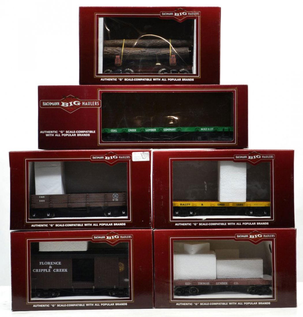 (6) BACHMANN BIG HAULERS MODEL TRAIN CARS, BOXES: (lot of 6) The Original Bachmann Big Haulers, G scale, in original boxes: (1) 95724, gondola, Colorado & Southern; (1) 98490, Skeleton log car with logs; (1) 95627, flat car, Ely-THomas; (1) 95612, fl