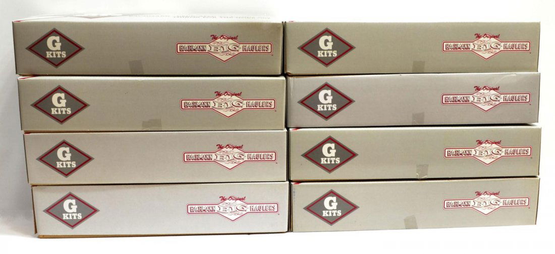 (8) BACHMANN BIG HAULERS MODEL TRAIN KIT CARS: (lot of 8) Bachmann Big Haulers "G" kits, undecorated; (1) 98901, single dome tank car; (1) 98902, wooden refrigerator; (1) 98905, classic coach with interior light; (1) 98903, wooden box car; (2) 989