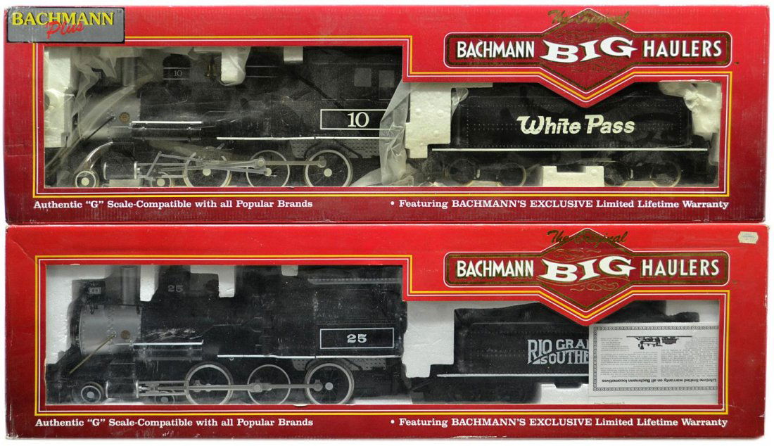 (2) BACHMANN BIG HAULERS STEAM MODEL TRAINS, BOXES: (lot of 2) The Original Bachmann Big Haulers, G scale, in original boxes: (1) 91242, 4-6-0 Baldwin 10 wheeler with smoke, Rio Grande Southern; (1) 31497, 460 steam locomotive, White Pass & Yukon; larg