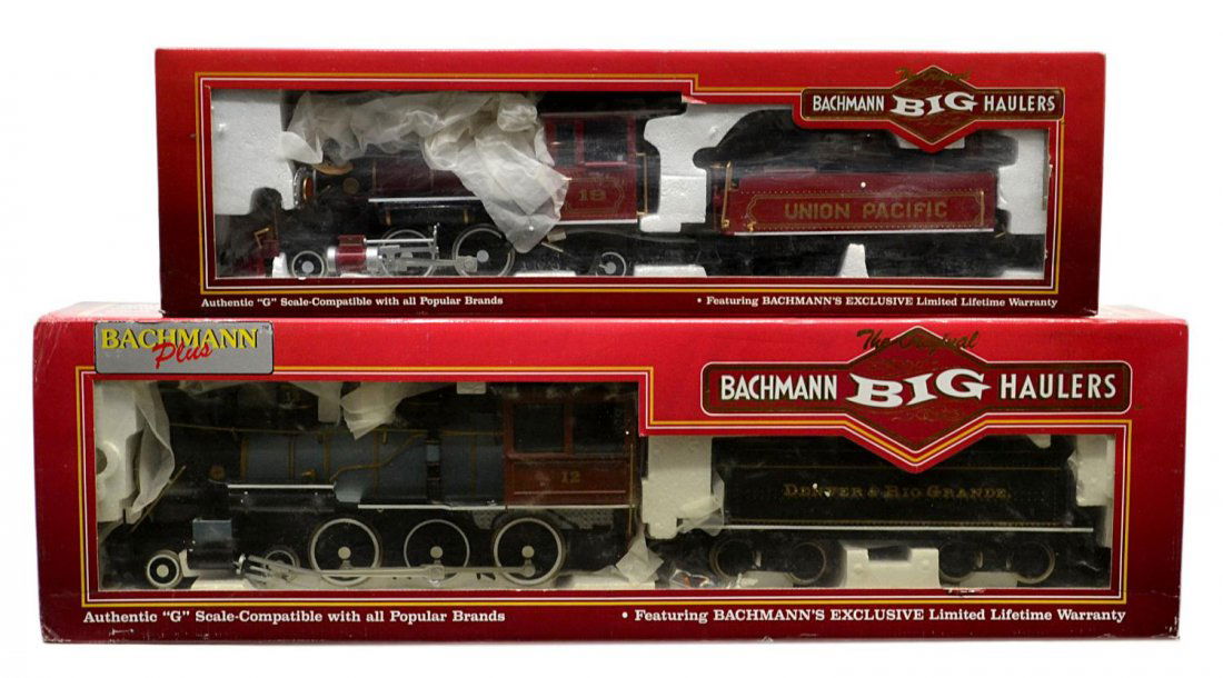 (2) BACHMANN MODEL TRAIN LOCOMOTIVES & TENDERS: (lot of 2) Bachmann Big Haulers G scale steam locomotives and tenders in original boxes: (1) 91101, Old Time Baldwin with wood and smoke, Union Pacific; (1) 31499, 460 steam locomotives, Denver & Rio