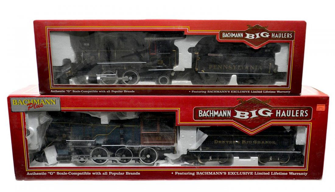 (2) BACHMANN BIG HAULERS STEAM MODEL TRAINS, BOXES: (lot of 2) The Original Bachmann Big Haulers, G scale, in original boxes: (1) 31499, 460 steam locomotive, Denver & Rio Grande; (1) 91114, 2-4-2 with coal, Baldwin & Tender with smoke, Pennsylvania; l