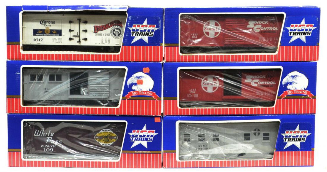 (6) USA & RO VARIOUS MODEL TRAIN CARS , BOXES: (lot of 6) USA Trains & Charles Ro Manufacturing, various cars in original boxes: (1) R-1845, AT&SF kitchen car; (1) 1850, MW Engineer car; (1) 1617, Corona beer car; (2) 1964, box car, Santa Fe; (1)