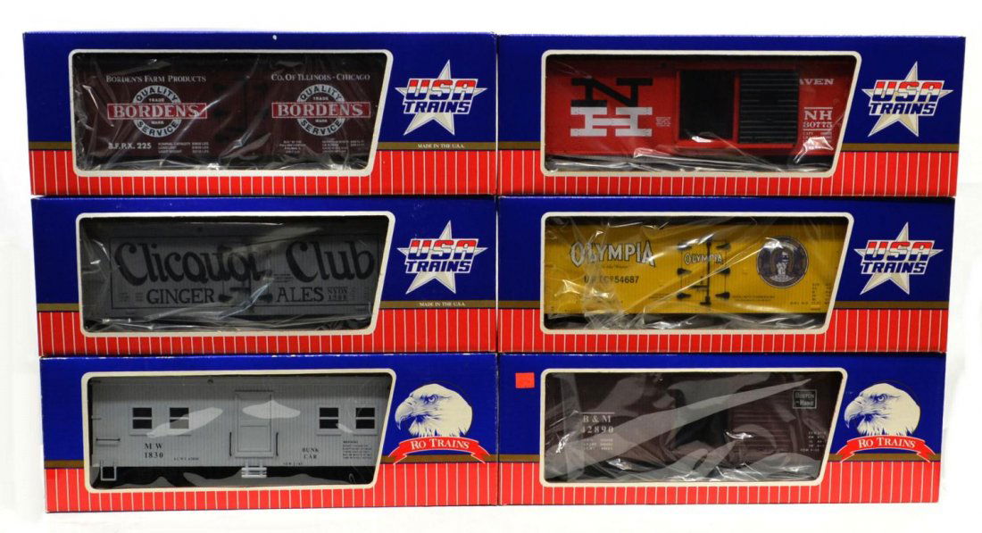 (6) USA & RO VARIOUS MODEL TRAIN CARS, BOXES: (lot of 6) USA Trains & Charles Ro Manufacturing, various cars in original boxes: (1) 1830, MW bunk car; (1) 42890, 1962, Boston and Main box car; (1) 54687, Olympia Beer box car; (1) 1508, Clicquot C
