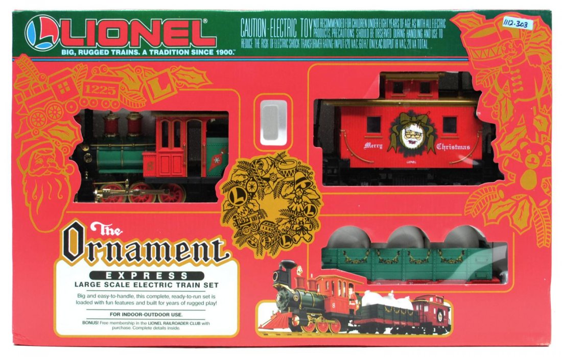LIONEL LARGE SCALE SET "THE ORNAMENT EXPRESS": Lionel large scale electric train set, "The Ornament Express", with locomotive, gondola, caboose, track, power supply, Santa figure, box: 5.5"h, 30.5"w, 18.75"d, 12.25lbs Start Price: $50.00