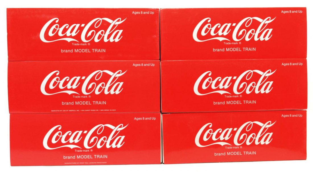 (6) LGB COCA-COLA, SPRITE, MODEL TRAIN CARS, BOX: (lot of 6) Coca Cola model train cars by LGB in original boxes: (2) 4090, Sprite Edition; (2) 4291; (2) 42911, largest box: 7"h, 20.5"w, 5.25"d, total: 20.5lbs Start Price: $50.00