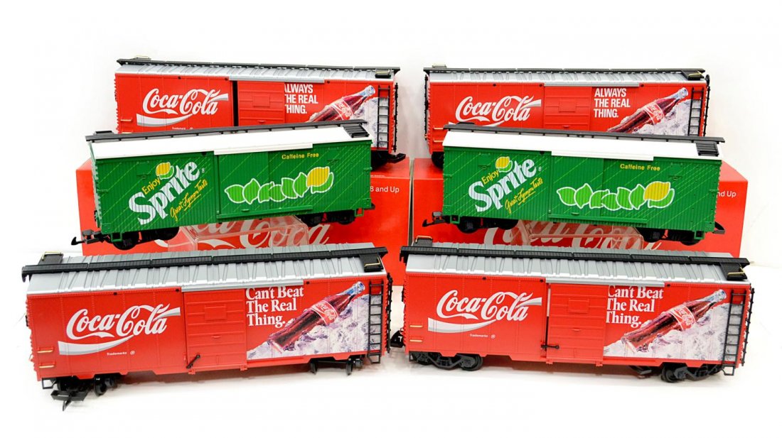 (6) LGB COCA-COLA, SPRITE, MODEL TRAIN CARS, BOX: (lot of 6) Coca Cola model train cars by LGB in original boxes: (2) 4090, Sprite Edition; (2) 4291; (2) 42911, largest box: 7"h, 20.5"w, 5.25"d, total: 20.5lbs Start Price: $50.00
