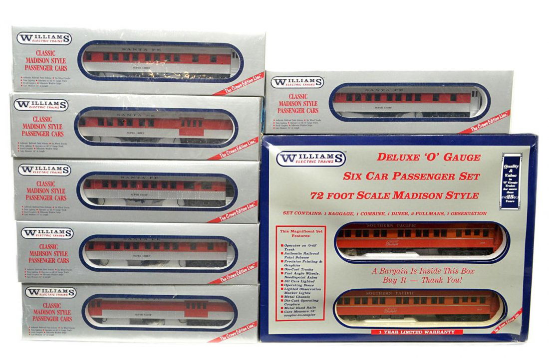 (7) WILLIAMS ELECTRONIC TRAINS VARIOUS CARS, BOXES: (lot of 7) Williams Electronic Trains, various cars, 'O' gauge, in original boxes: (1) SM233, 77233, Southern Pacific six car passenger set, 72 foot scale Madison style cars, including, baggage car, c