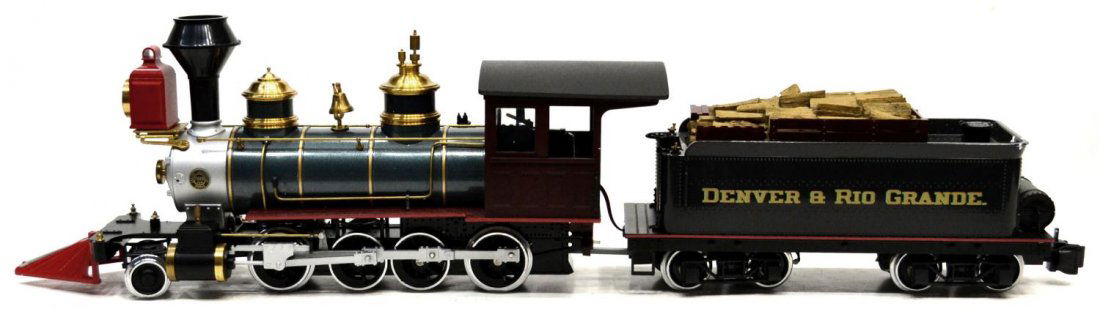 DELTON 2226 MODEL TRAIN STEAM LOCOMOTIVE & TENDER: Delton G scale 2226 model train steam locomotive with Denver & Rio Grande wood tender car, original box, 6.5"h, 29.5"l, 9.25"d, 8.75lbs Start Price: $50.00