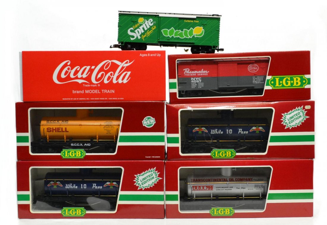 (6) LGB VARIOUS MODEL TRAIN CARS, ORIGINAL BOXES: (lot of 6) LGB model train cars, G gauge, original boxes: (1) 4067-F 01, freight; (1) 4280, Shell tank car; (1) 4080-Y 01, Transcontinental Oil Company tank car; (2) 4080-W 01, limited edition White P