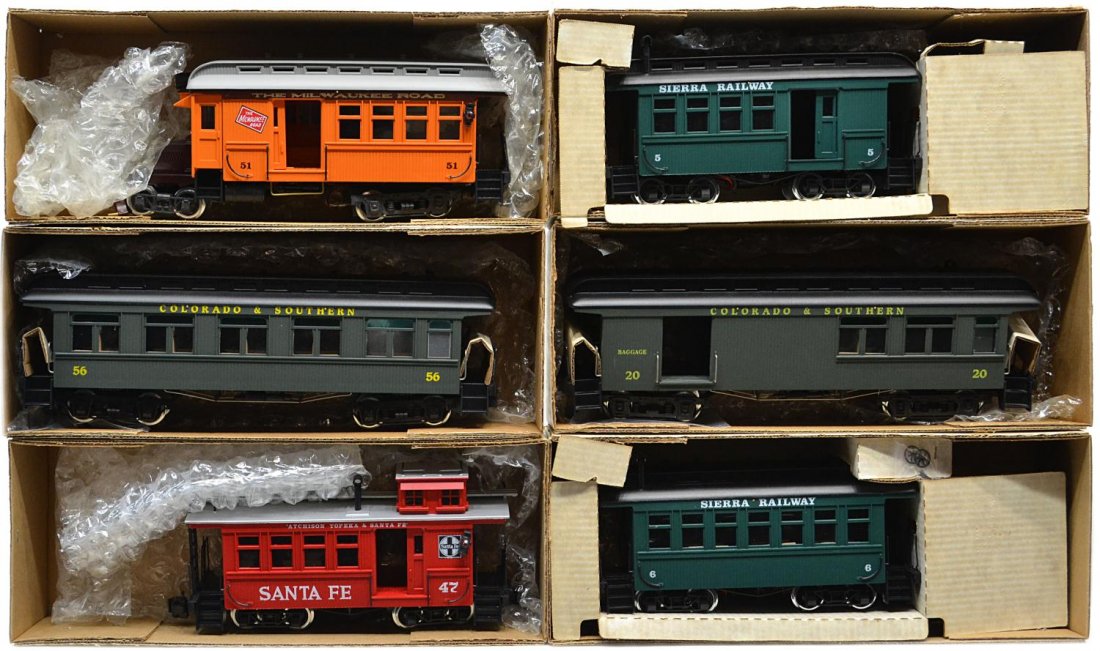 (6)DELTON VARIOUS MODEL TRAIN CARS, ORIGINAL BOXES: (lot of 6) Delton Locomotive Works, various model train cars, in original boxes: (1) 3282, C&S Postal baggage car; (1) 3280, C&S long passenger coach; (1) 2264M, Milwaukee Road rail bus; (1) 4274/SF, 