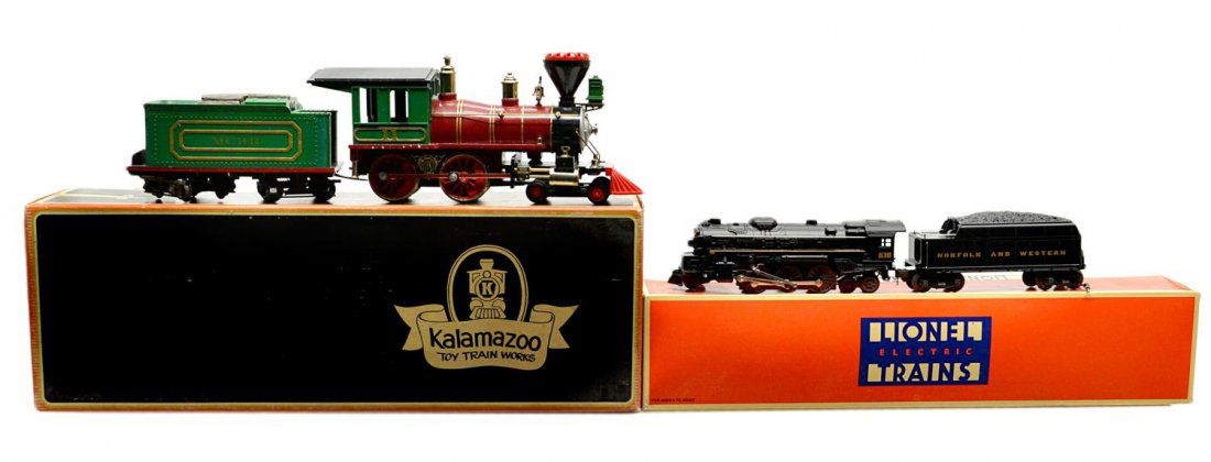 .(2) LIONEL & KALAMAZOO ENGINES & TENDERS, BOXES: (lot of 2) Locomotives and tenders, in original boxes: (1) Lionel Electric Trains, 6-18638, Norfolk & Western 2-6-4 steam locomotive and tender, 4.25"h, 24"l, 5"d; (1) Kalamazoo Toy Train Works, 11 MC