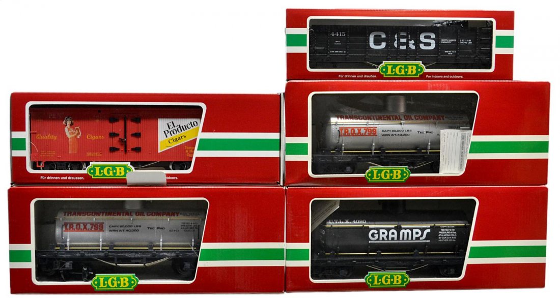 (5) LGB VARIOUS MODEL TRAIN CARS, ORIGINAL BOXES: (lot of 5) LGB model train cars in original boxes: (1) 43740, limited edition Cigar car; (1) 4080-Y 02, Gramps tank car; (2) 4080-Y 01, Transcontinental Oil Company tank car; (1) 41730, C&S freight ca