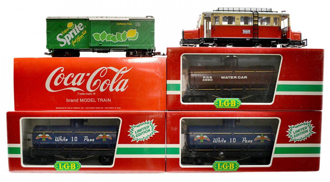 (5) LGB VARIOUS MODEL TRAIN CARS, ORIGINAL BOXES: (lot of 5) LGB model train cars in original boxes: (1) 4080 Y 03, water car; (1) 4090, Sprite Edition car; (1) 2066, Wismarer Schienenbus; (2) 4080 - W 01, White Pass tank cars; largest box: 5.5"h, 22