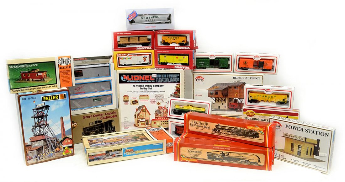 (25)LARGE COLLECTION OF MODEL TRAINS & ACCESSORIES: (lot of 25) Huge collection of Lionel, Faller, Mantua, LGB Model Power, Hornby Railways etc, model trains and accessories, in original boxes: (1) 6-11809, Lionel, The Village Trolley Company Trolley s