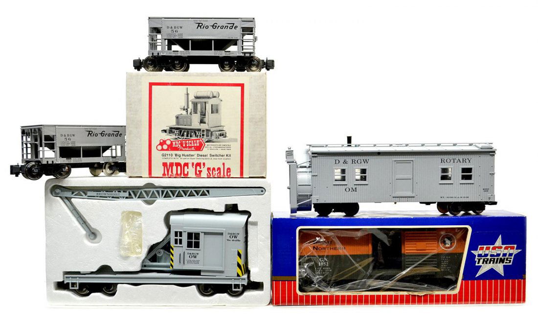 (6) USA & MDC MODEL TRAIN CARS, ORIGINAL BOXES: (lot of 6) Collection of USA Trains and MDC 'G' Scale Products various model train cars, original boxes: (1) 1952 USA, Great Northern box car; (1) R-2100 USA, D&RGW rotary snow plow; (1) R-1862 USA, D