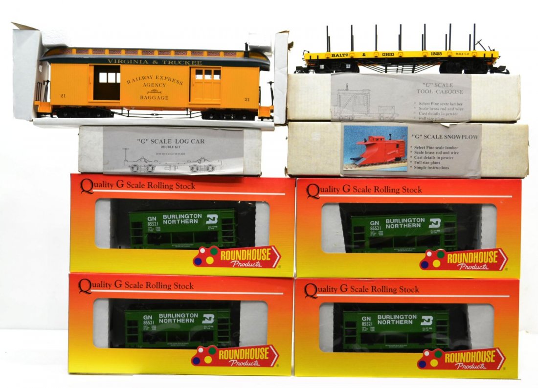 (9) COLLECTION OF MODEL TRAIN CARS: (lot of 9) Collection of model train cars, some in original box: (4) G4171 Roundhouse Products, Burlington Northern ore car, smooth side / ready to run, G scale cars; (1) 1525 Bachmann, Baltimore & Oh
