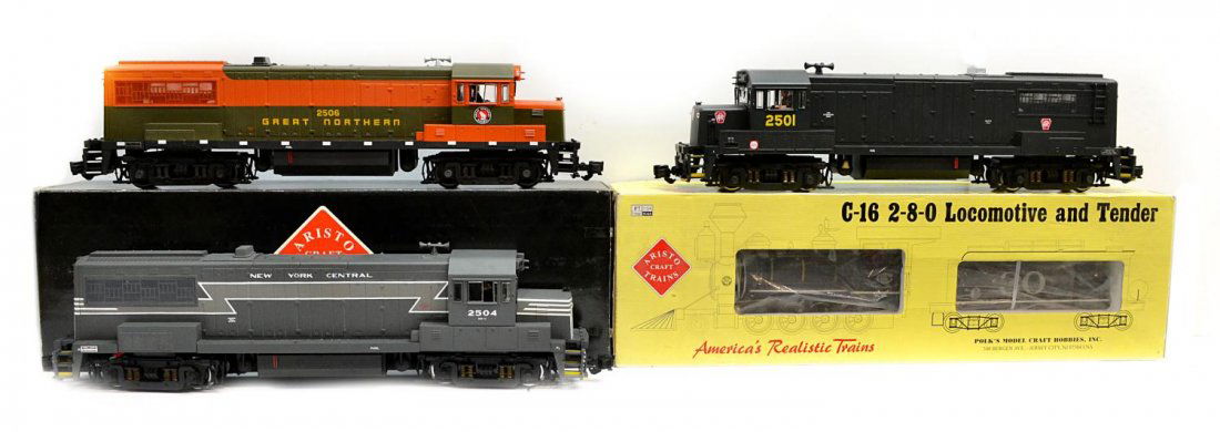 (4) ARISTO G GAUGE LOCOMOTIVES IN ORIGNINAL BOXES: (lot of 4) Aristo Craft G gauge model train cars in original boxes: (1) locomotive and tender, #ART-80201, C-16; (1) diesel locomotive, #ART-22199, GE U25-B; (1) diesel locomotive, #ART-22112, GE U25-