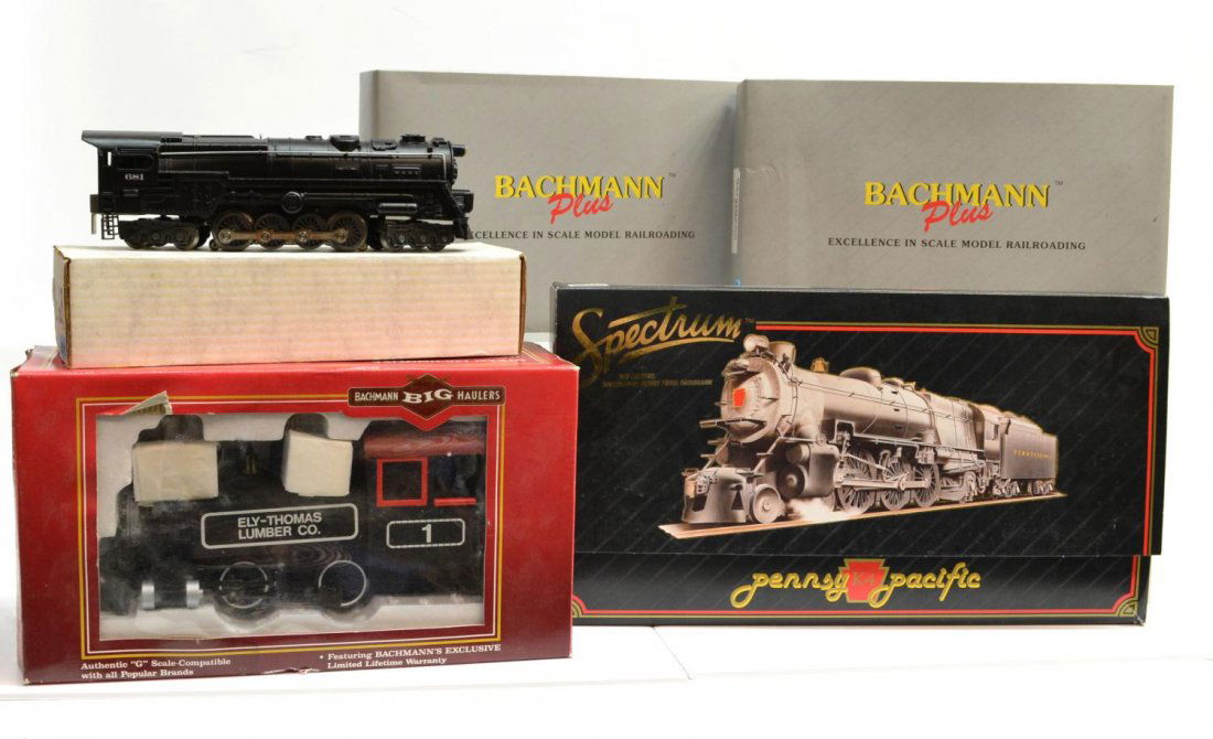 (5) COLLECTION OF MODEL TRAIN LOCOMOTIVES: (lot of 5) Collection of various model train engines: (1) The Original Bachmann Big Haulers, 11396, 0-4-0 porter side tank locomotive, Ely Thomas Lumber Company, G scale; (1) Spectrum 84002, Pennsylva