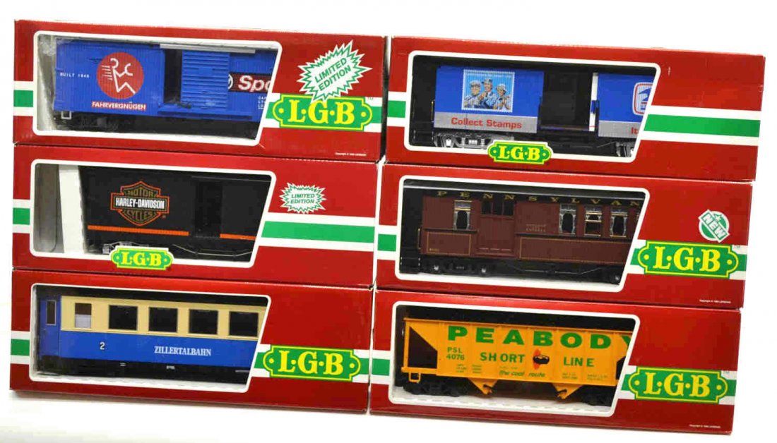 (6) LGB VARIOUS MODEL TRAIN CARS, ORIGINAL BOX: (lot of 6) LGB model train cars, G gauge, original boxes: (1) 4067 HD, Harley Davidson, freight; (1) 4090 VW, limited edition, freight; (1) 3281, passenger car; (1) 3164, passenger car; (1) 4076 - X 0