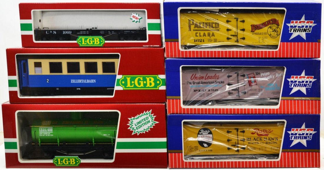 (6) LGB & USA VARIOUS MODEL TRAIN CARS, BOXES: (lot of 6) LGB and USA Trains model train cars, various cars in original boxes, comprising: (1) 4080- Y 05 LGB, freight car, limited edition; (1) 3164 LGB, passenger car; (1) 42690 LGB, freight car; (