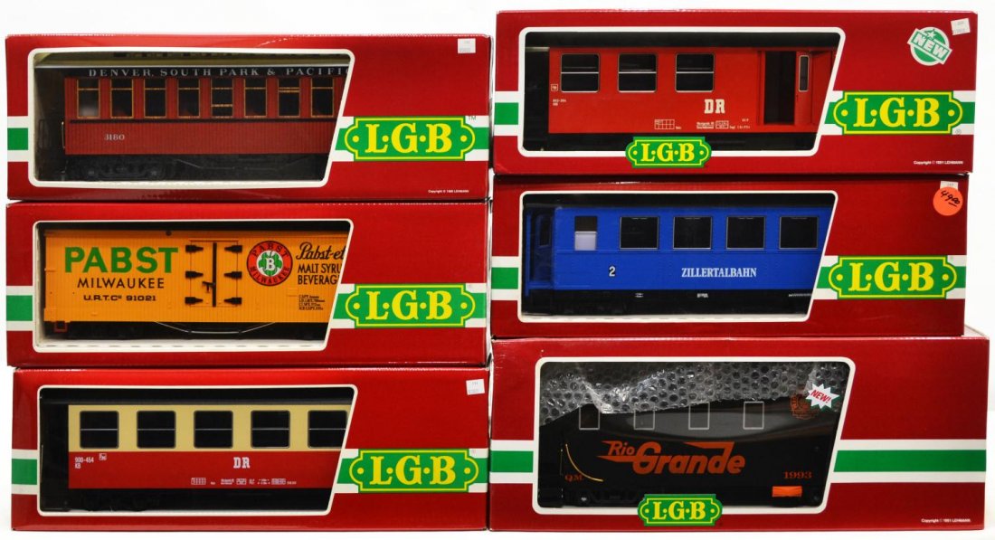 (6) LGB VARIOUS MODEL TRAIN CARS, ORIGINAL BOXES: (lot of 6) LGB model train cars, various cars in original boxes, comprising: (1) 3163, passenger; (1) 3180, passenger; (1) 3171, passenger; (1) 3073, passenger; (1) 4074, freight; (1) 42710, Queen Mar