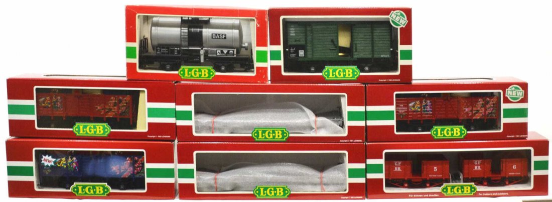 (8) LGB VARIOUS MODEL TRAIN CARS, ORIGINAL BOXES: (lot of 8) LGB model train cars, in original boxes, comprising: (1) 30440, passenger; (2) 4021 CT, freight; (1) 4135 S, freight; (2) 4360 DG, freight; (1) 42210, freight; (1) 4040 C, freight; largest 