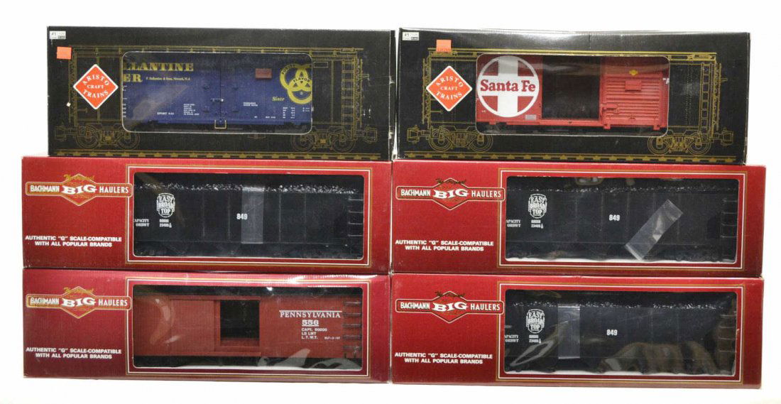 (6) ARISTO & BACHMANN BIG HAULERS MODEL TRAIN CARS: (lot of 6) Aristo Craft and The Original Bachmann Big Haulers various model train cars, in original boxes, comprising: (1) 46003 Aristo Craft, Santa Fe box car; (1) 46213 Aristo Craft, Ballantine Beer