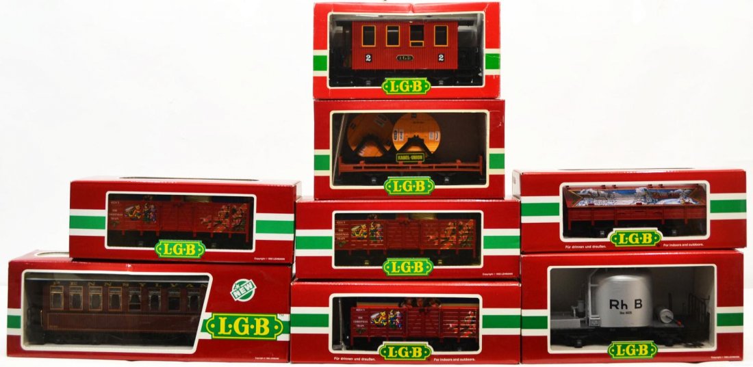 (8) LGB VARIOUS MODEL TRAIN CARS, ORIGINAL BOXES: (lot of 8) Group of various LGB model train cars, in original boxes, comprising: (1) 4025, freight; (1) 3000, passenger; (1) 4002, freight; (2) 4021 CT, freight; (1) 3280, passenger; (1) 40217, freigh
