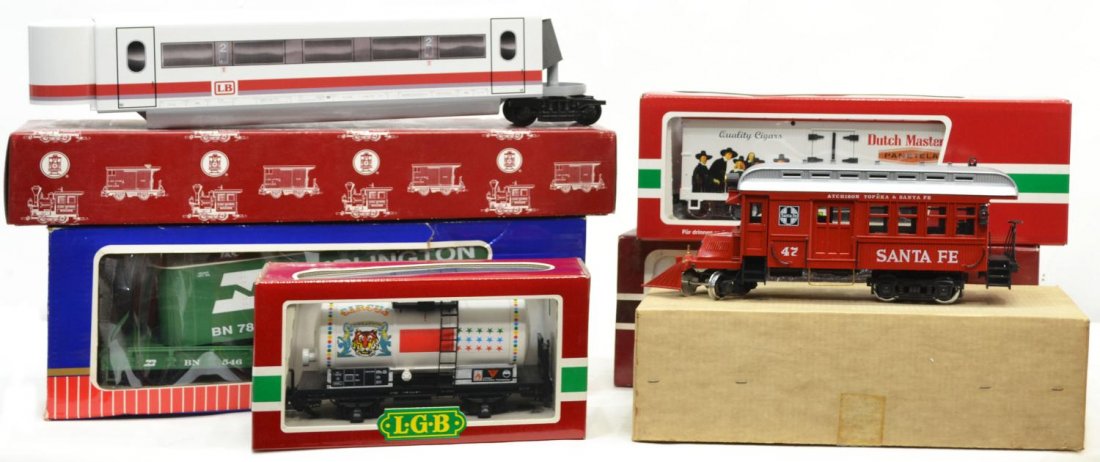 (6) GROUP OF VARIOUS MODEL TRAIN CARS, BOXES: (lot of 6) Group of various model train cars, in original boxes, comprising: (1) 4040 E LGB, custom circus tank; (1) 90953 LGB; (1) 43745 LGB, cigar car; (1) R-1777 USA Trains, Burlington Northern pig