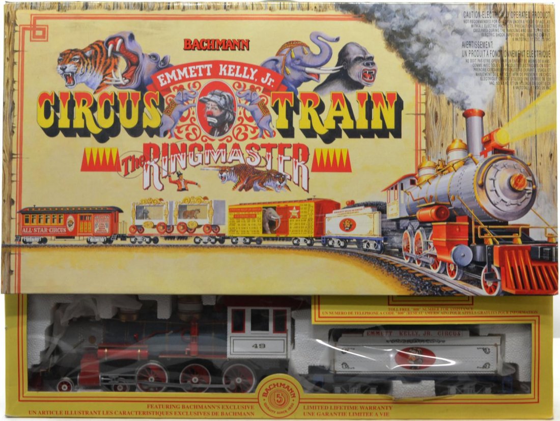 BACHMANN EMMETT KELLY JR. CIRCUS TRAIN SET: Bachmann Emmett Kelly Jr. The Ringmaster Circus Train electronic set, # 90020, in original box featuring: (1) 4-6-0 steam locomotive and tender; (1) elephant car; (1) cage car with bear and gorilla ca